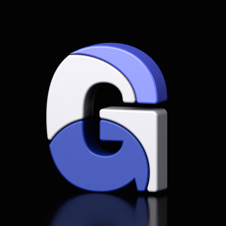 3d letter G plastic purple and white from alphabet isolated in a black background. Hi tech metallic font character design illustration, text minimal style, 3d renderingの写真素材