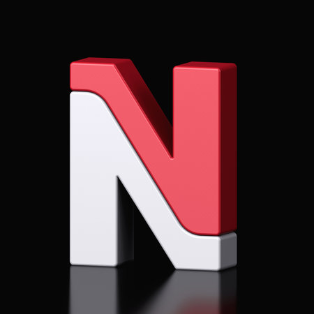 3d letter N plastic red and white from alphabet isolated in a black background. Hi tech metallic font character design illustration, text minimal style, 3d renderingの写真素材
