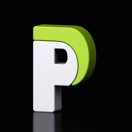 3d letter P plastic light green and white from alphabet isolated in a black background. Hi tech metallic font character design illustration, text minimal style, 3d renderingの写真素材