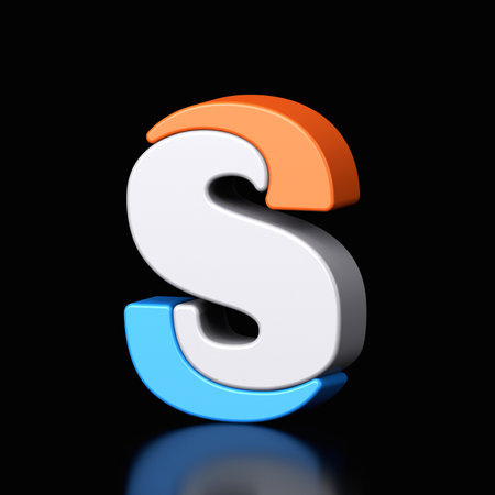 3d letter S plastic light blue and orange from alphabet isolated in a black background. Hi tech metallic font character design illustration, text minimal style, 3d renderingの写真素材