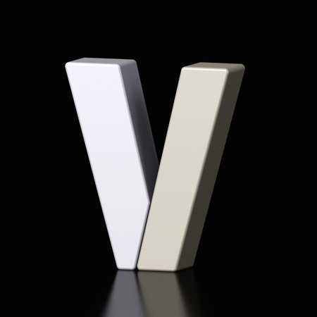 3d letter V plastic gray and white from alphabet isolated in a black background. Hi tech metallic font character design illustration, text minimal style, 3d renderingの写真素材