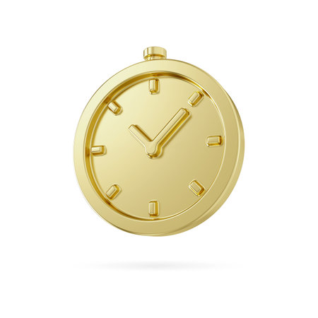 Gold metal alarm clock icon. Golden watch minimal design concept of time. 3d gold clock isolated on...
