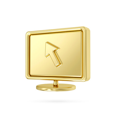 Gold metal computer monitor click cursor icon. 3d gold computer screen with cursor mouse isolated on white background, 3d renderingの写真素材