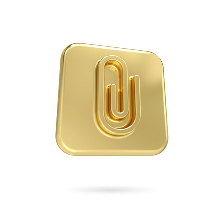 Gold metal paperclip icon. 3d gold paperclip attachment isolated on white background , Tool for paper and document, 3d renderingの写真素材