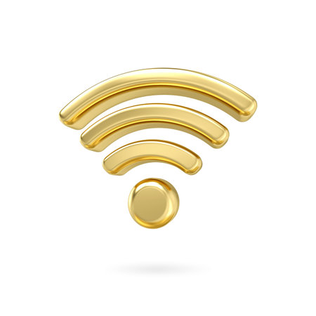 3d gold metal wireless signal icon. 3d wireless connection and sharing network on internet. Hotspot access point for digital and broadcasting. 3d broadcasting area with WiFi. 3d renderingの写真素材