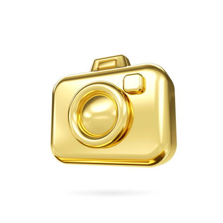 Gold photo camera 3d icon. 3d simple gold camera with lens symbol. Concept technology and snapshot photography. 3d renderingの写真素材