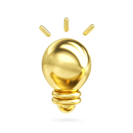 3d gold metal light bulb icon, Creative concept idea design, 3d renderingの写真素材