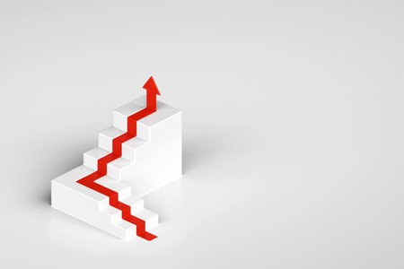 Red arrow up with white stair on white background, 3D arrow climbing up over a staircase , 3d stairs with arrow going upward, 3d renderingの写真素材