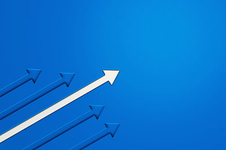 3D white arrow protruding from the others on blue background. towards successful growth. Data, money, business concept. 3d rendering.の写真素材
