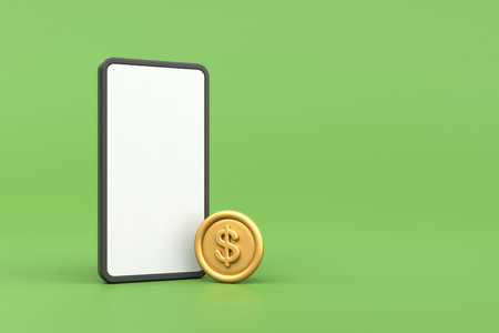Phone white screen with gold coins on green background, Concept of mobile online shopping, 3D renderingの写真素材