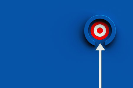 White arrow hit the target on blue wall background. business strategy and target achievement concept. 3d renderingの写真素材