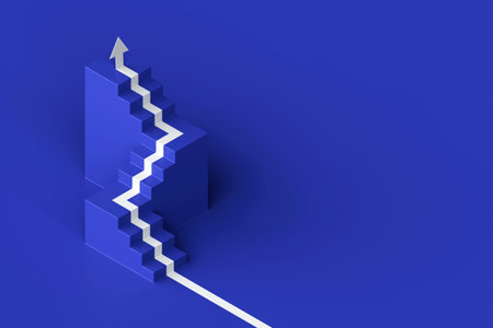 White arrow following the stairs of growth on purple background, 3D arrow climbing up over a staircase , 3d two stairs with arrow going upward, 3d renderingの写真素材