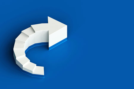 White stair with curve arrow on blue background. Partnership, teamwork, step-by step growth,...