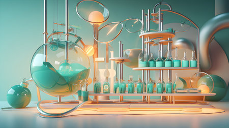 Glass flask with different colors in research chemistry science banner laboratory background, Generative AI illustrationの素材