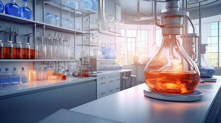 Glass flask with different colors in research chemistry science banner laboratory background, Generative AI illustrationの素材