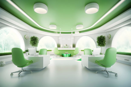Modern futuristic interior office design with warm tones of green. Futuristic conference room interior. Workplace and corporate concept. 3d rendering, Generative AI illustrationの素材