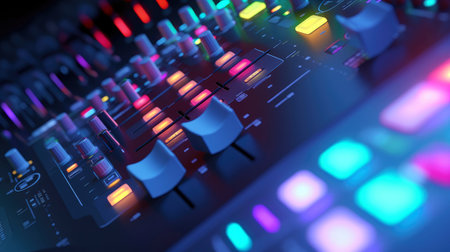 Sound panel for working in the studio and on TV projects. Close-up of the Mixing console. mixing knobs. mix musical tracks on techno party in night club. blurred concept, Generative AI illustrationの素材