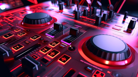 Sound panel for working in the studio and on TV projects. Close-up of the Mixing console. mixing knobs. mix musical tracks on techno party in night club. blurred concept, Generative AI illustrationの素材