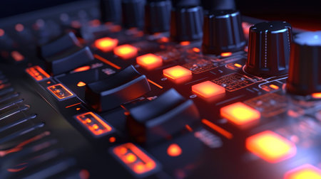 Sound panel for working in the studio and on TV projects. Close-up of the Mixing console. mixing knobs. mix musical tracks on techno party in night club. blurred concept, Generative AI illustrationの素材