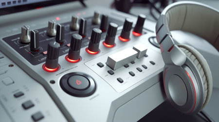 Sound panel for working in the studio and on TV projects. Close-up of the Mixing console. mixing knobs. mix musical tracks on techno party in night club. blurred concept, Generative AI illustrationの素材