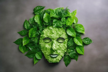 Abstract environment conservation leaves art style of green nature and eco friendly concept idea. plants with leaves forming brain, Generative AI illustrationの素材