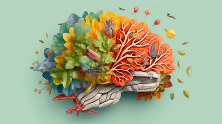 Abstract environment conservation leaves art style of green nature and eco friendly concept idea. plants with leaves forming brain, Generative AI illustrationの素材