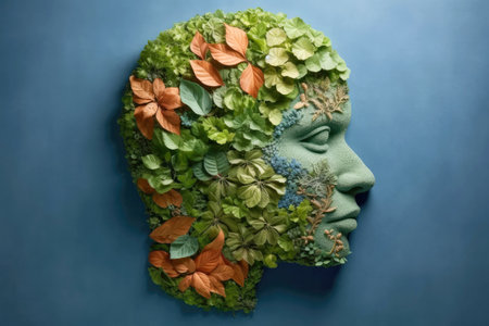 Abstract environment conservation leaves art style of green nature and eco friendly concept idea. plants with leaves forming brain, Generative AI illustrationの素材
