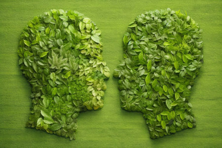 Abstract environment conservation leaves art style of green nature and eco friendly concept idea. plants with leaves forming brain, Generative AI illustrationの素材