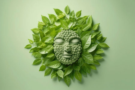 Abstract environment conservation leaves art style of green nature and eco friendly concept idea. plants with leaves forming brain, Generative AI illustrationの素材