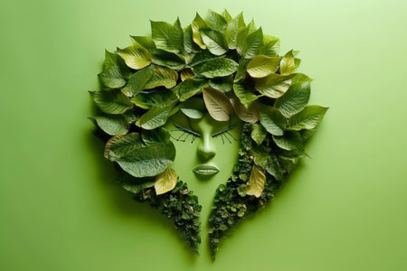Abstract environment conservation leaves art style of green nature and eco friendly concept idea. plants with leaves forming brain, selective focus, Generative AI illustrationの素材