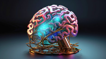Brain and nerve forming a futuristic face illustrating the power of our neuron and our virtual life, Machine learning technology, neural networks. 3d rendering design, Generative AI illustrationの素材