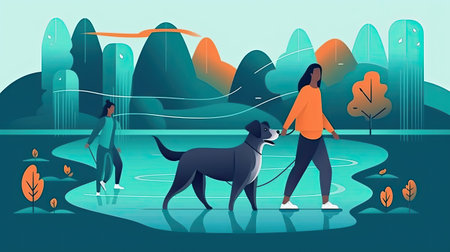 People and their pets illustrations. training and playing with their pets, encouragement concept. family illustration in cartoon style, Generative AI illustrationの素材