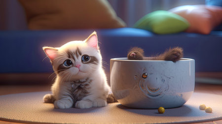 Portrait of pet, cute and funny pet. pet posing looking at camera sitting on the floor, love and care concept, selective focus. Generative AI illustrationの素材