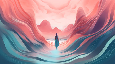 Peaceful woman with third eye employs intuition in decisions. Psychic girl considers mind and heart. Spirituality, esotericism. illustration in cartoon style, Generative AI illustrationの素材