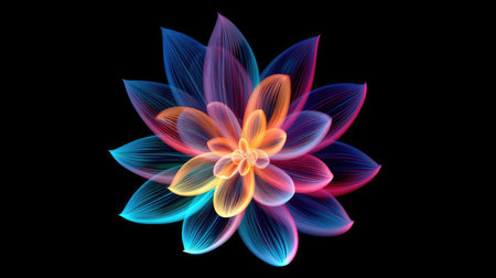 Multicolor neon light drawing, abstract shape flowers isolated on black background. Glowing line art. The Illumination of vibrant radiance of neon flower, Generative AI illustrationの素材