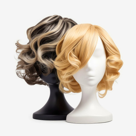 Hair wig over the plastic mannequin head isolated over the white background, mockup featuring contemporary women's hairstyles, Generative AI illustrationの素材