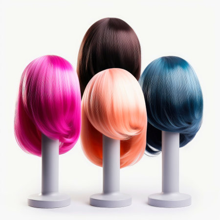 Hair wig over the plastic mannequin head isolated over the white background, mockup featuring contemporary women's hairstyles, Generative AI illustrationの素材