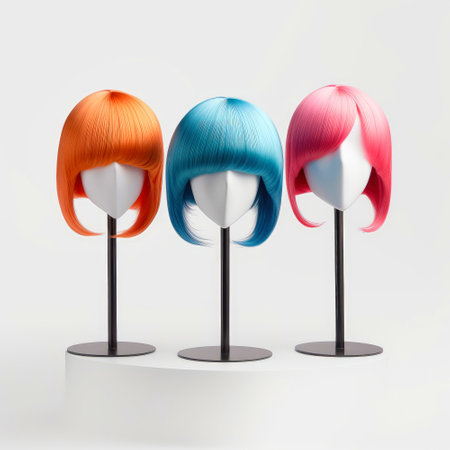 Hair wig over the plastic mannequin head isolated over the white background, mockup featuring contemporary women's hairstyles, Generative AI illustrationの素材