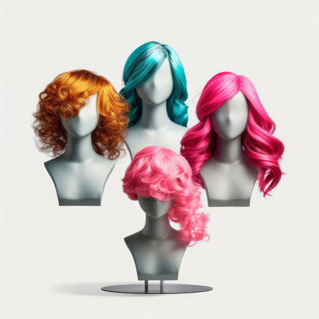 Hair wig over the plastic mannequin head isolated over the white background, mockup featuring contemporary women's hairstyles, Generative AI illustrationの素材