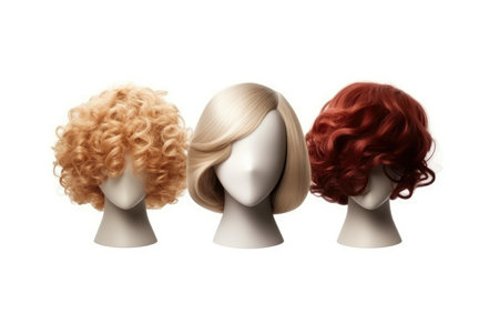 Hair wig over the plastic mannequin head isolated over the white background, mockup featuring contemporary women's hairstyles, Generative AI illustrationの素材