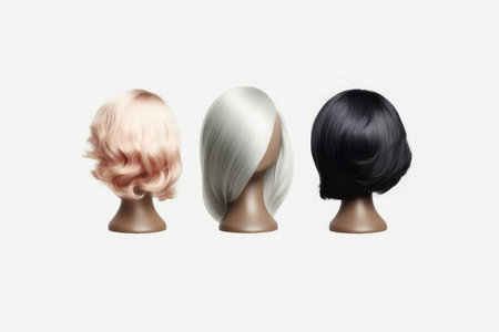 Hair wig over the plastic mannequin head isolated over the white background, mockup featuring contemporary women's hairstyles, Generative AI illustrationの素材
