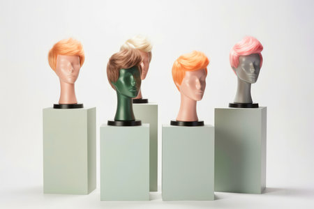 Hair wig over the plastic mannequin head isolated over the white background, mockup featuring contemporary men's hairstyles, Generative AI illustrationの素材