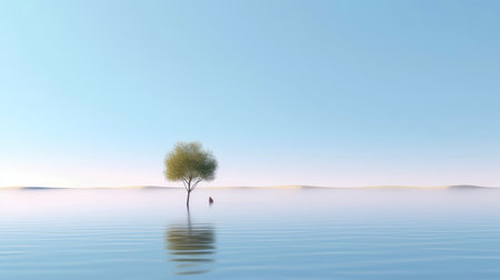 Abstract illustration minimalist landscape, alone tree in clear nature landscapeAbstract illustration minimalist landscape, Alone tree in clear nature landscape, Generative AI illustrationの素材