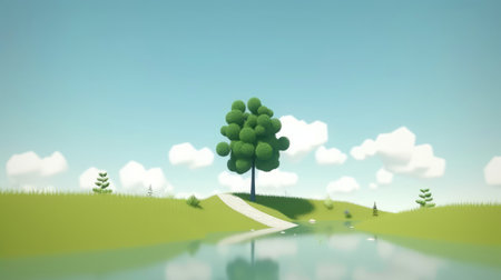 Abstract illustration minimalist landscape, alone tree in clear nature landscapeAbstract illustration minimalist landscape, Alone tree in clear nature landscape, Generative AI illustrationの素材