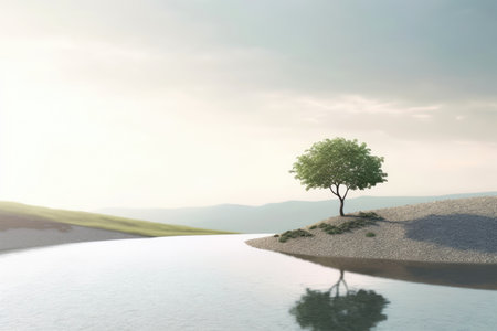 Abstract illustration minimalist landscape, alone tree in clear nature landscapeAbstract illustration minimalist landscape, Alone tree in clear nature landscape, Generative AI illustrationの素材