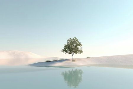 Abstract illustration minimalist landscape, alone tree in clear nature landscapeAbstract illustration minimalist landscape, Alone tree in clear nature landscape, Generative AI illustrationの素材