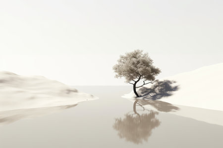 Abstract illustration minimalist landscape, alone tree in clear nature landscapeAbstract illustration minimalist landscape, Alone tree in clear nature landscape, Generative AI illustrationの素材