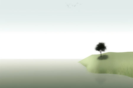 Abstract illustration minimalist landscape, alone tree in clear nature landscapeAbstract illustration minimalist landscape, Alone tree in clear nature landscape, Generative AI illustrationの素材