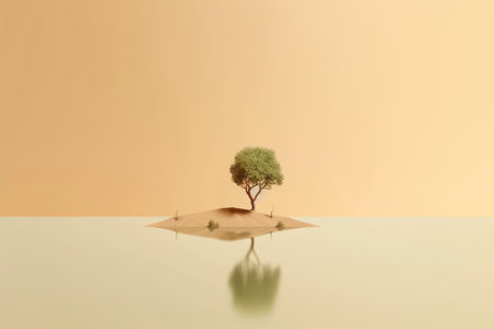 Abstract illustration minimalist landscape, alone tree in clear nature landscapeAbstract illustration minimalist landscape, Alone tree in clear nature landscape, Generative AI illustrationの素材