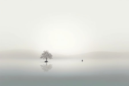 Abstract illustration minimalist landscape, alone tree in clear nature landscapeAbstract illustration minimalist landscape, Alone tree in clear nature landscape, Generative AI illustrationの素材